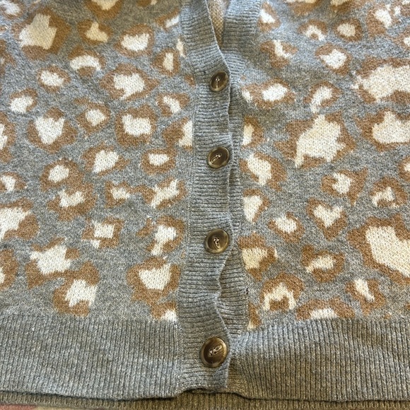 MNG Leopard Print Cardigan Sweater Gray Brown White Button Front Women's Medium - Picture 3 of 6